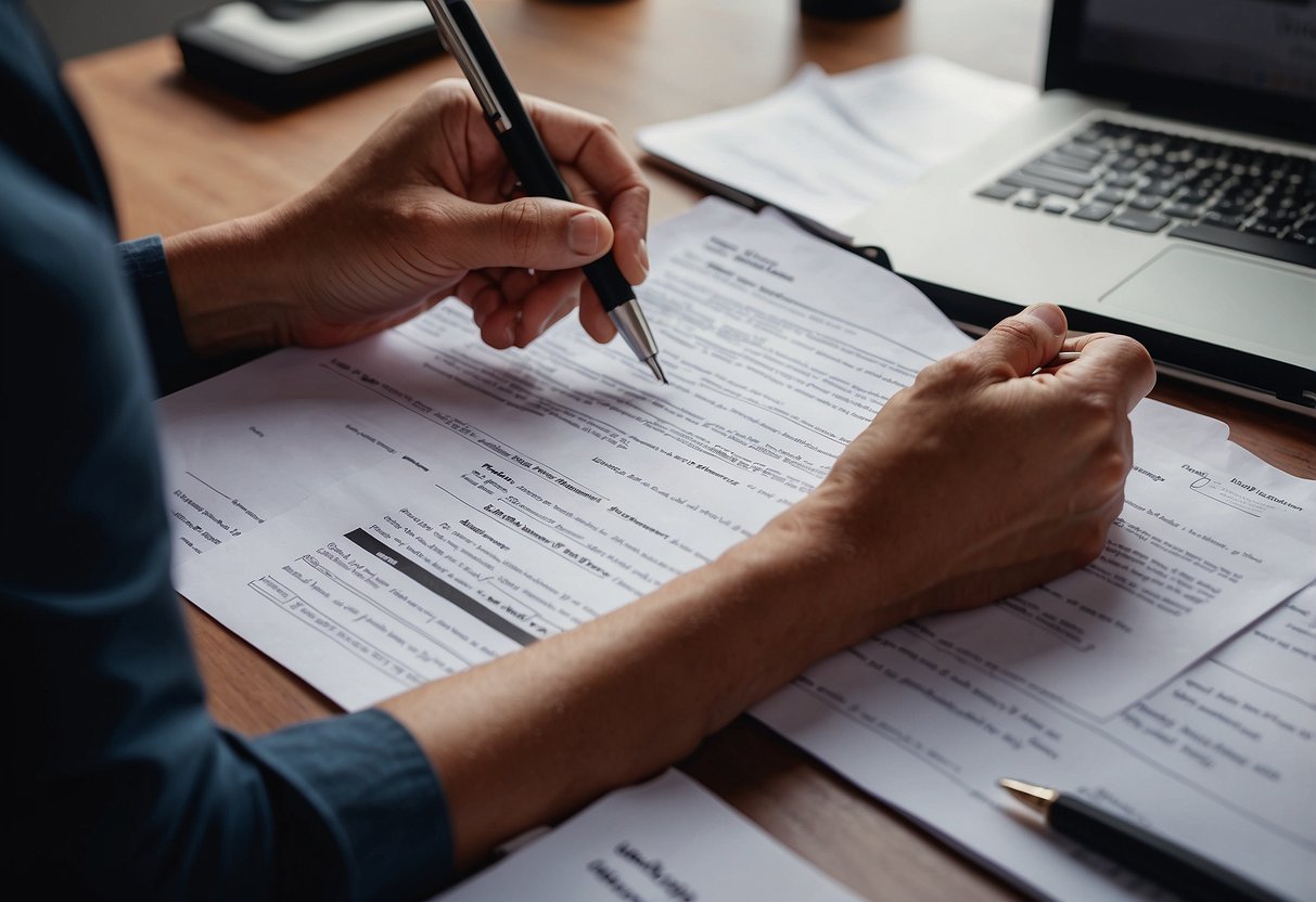 A person signing documents with a pen, alongside a stack of papers and a PR benefits brochure on a desk