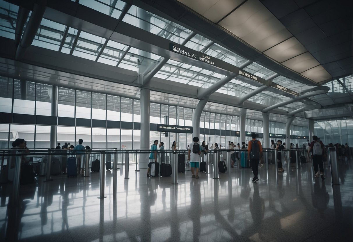Passengers walk through a modern, spacious boarding gate in Singapore, with sleek architecture and large windows overlooking the tarmac