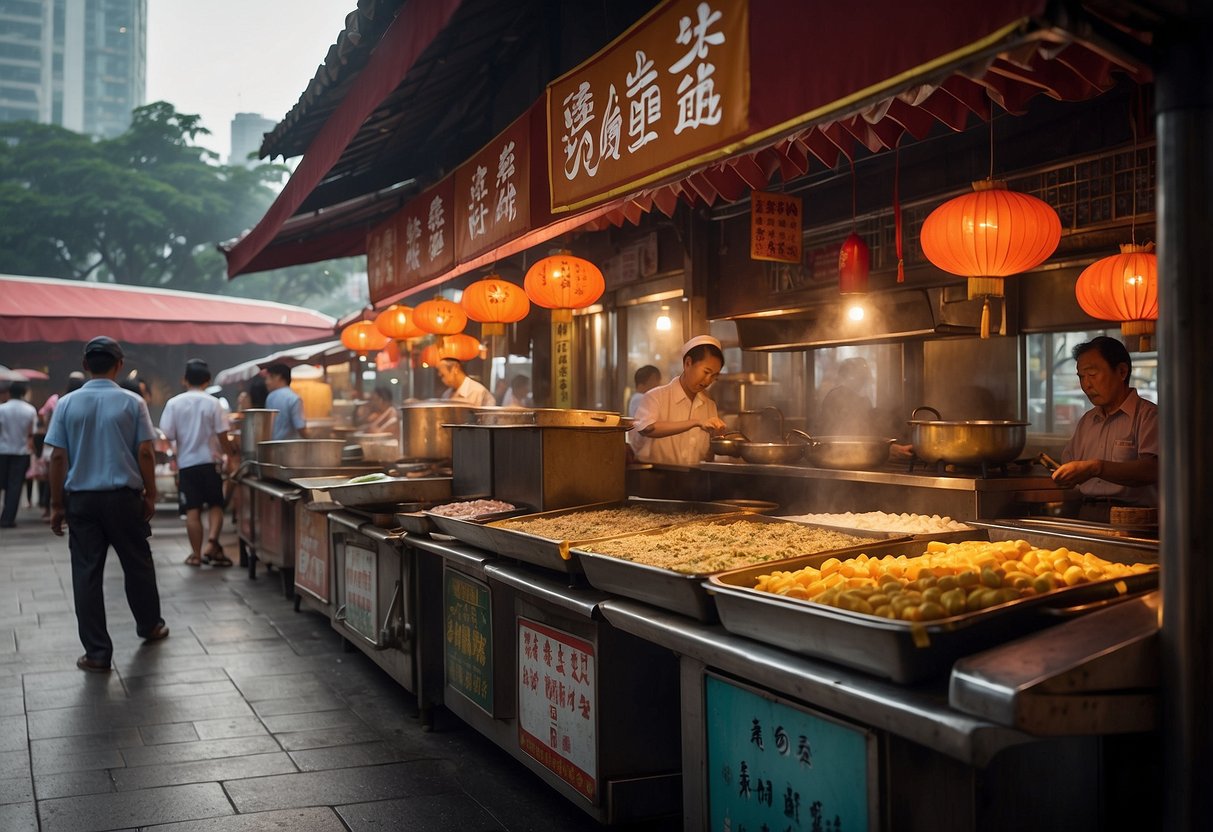 A bustling hawker center in Singapore, filled with the tantalizing aromas of sizzling woks and steaming dumplings. Colorful banners advertise authentic Chinese delicacies, while locals and tourists alike eagerly sample the diverse array of dishes