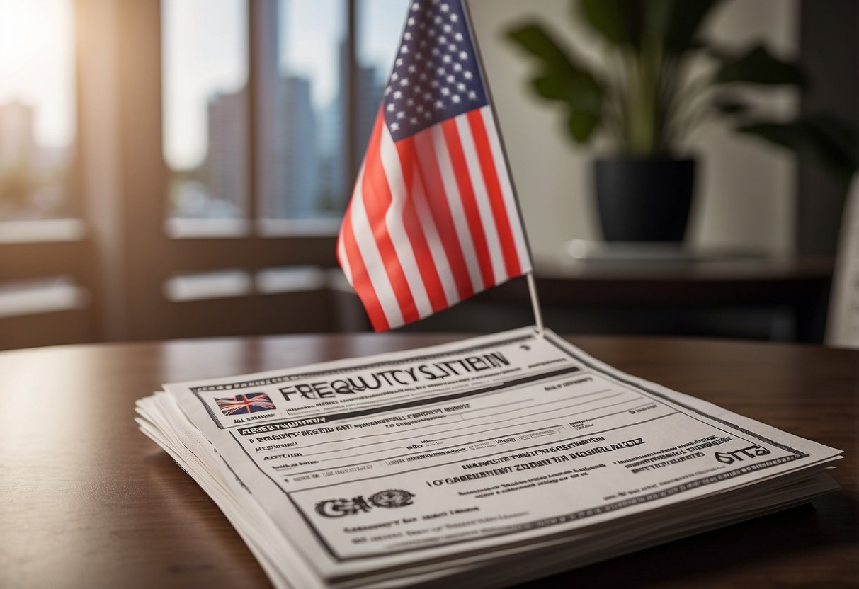 A stack of papers with "Frequently Asked Questions" on top, surrounded by a Singapore flag and a PR (Permanent Resident) card