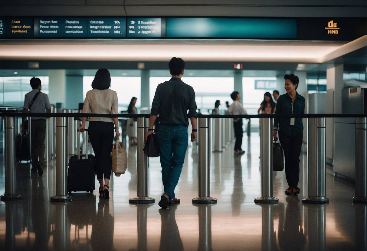 Passengers wait at a sleek boarding gate in Singapore, surrounded by luxury travel companion brands. The atmosphere is modern and sophisticated