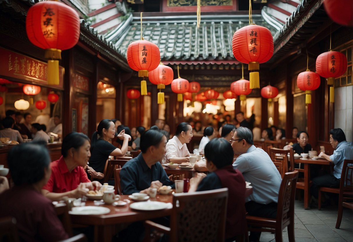 A bustling Chinese restaurant with red lanterns, ornate decor, and steaming plates of dim sum. Patrons chat over tea while chefs skillfully wield woks