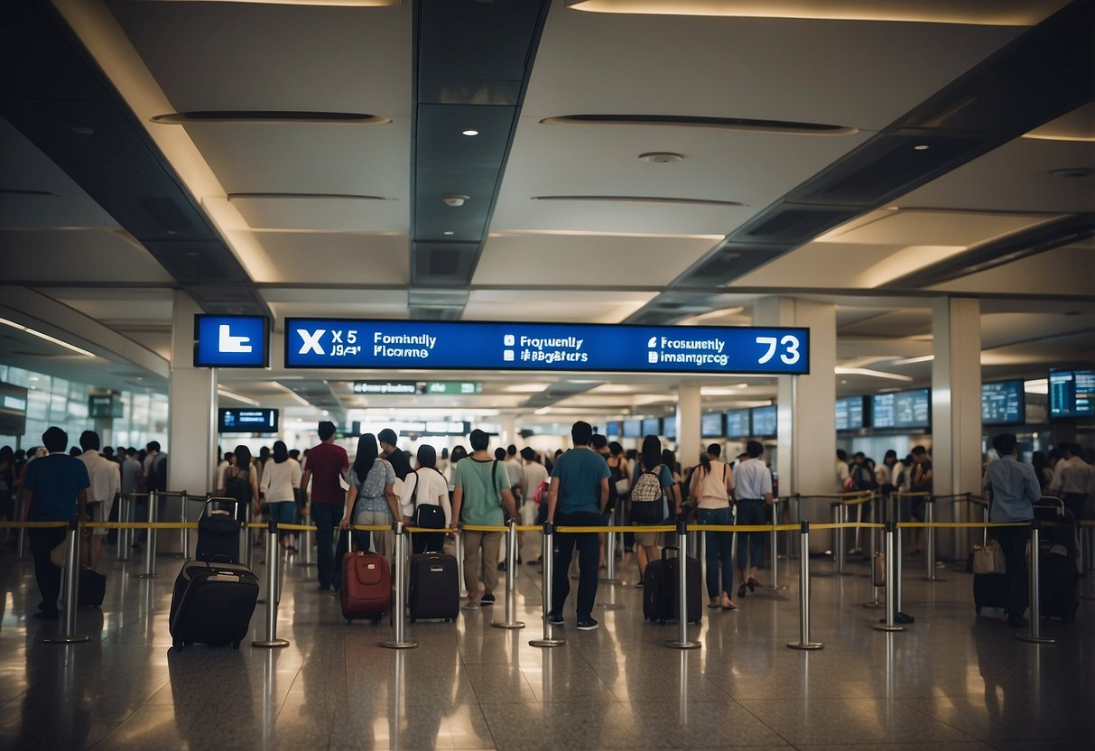 Passengers lining up at the boarding gate in Singapore, with a sign displaying "Frequently Asked Questions" prominently. Seats, luggage, and a bustling atmosphere