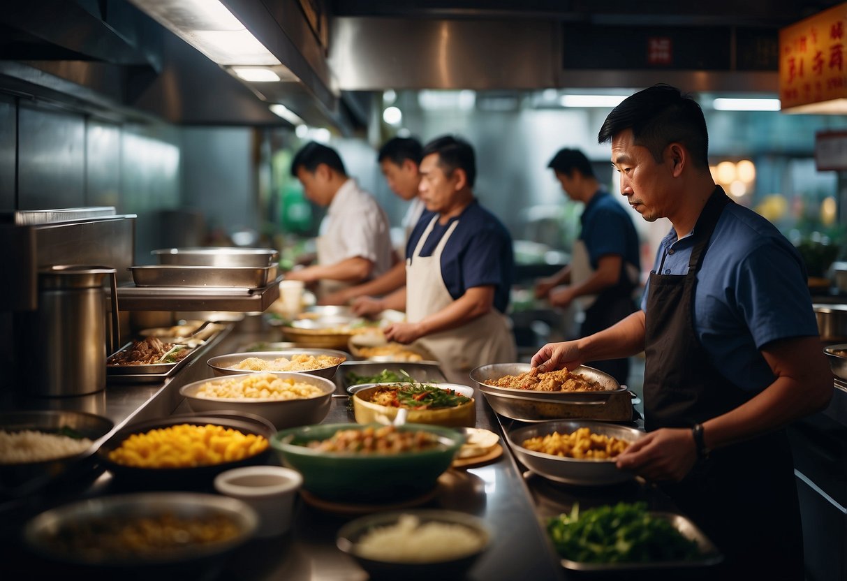 A bustling Chinese food stall in Singapore, with customers lined up and a chef preparing dishes behind the counter