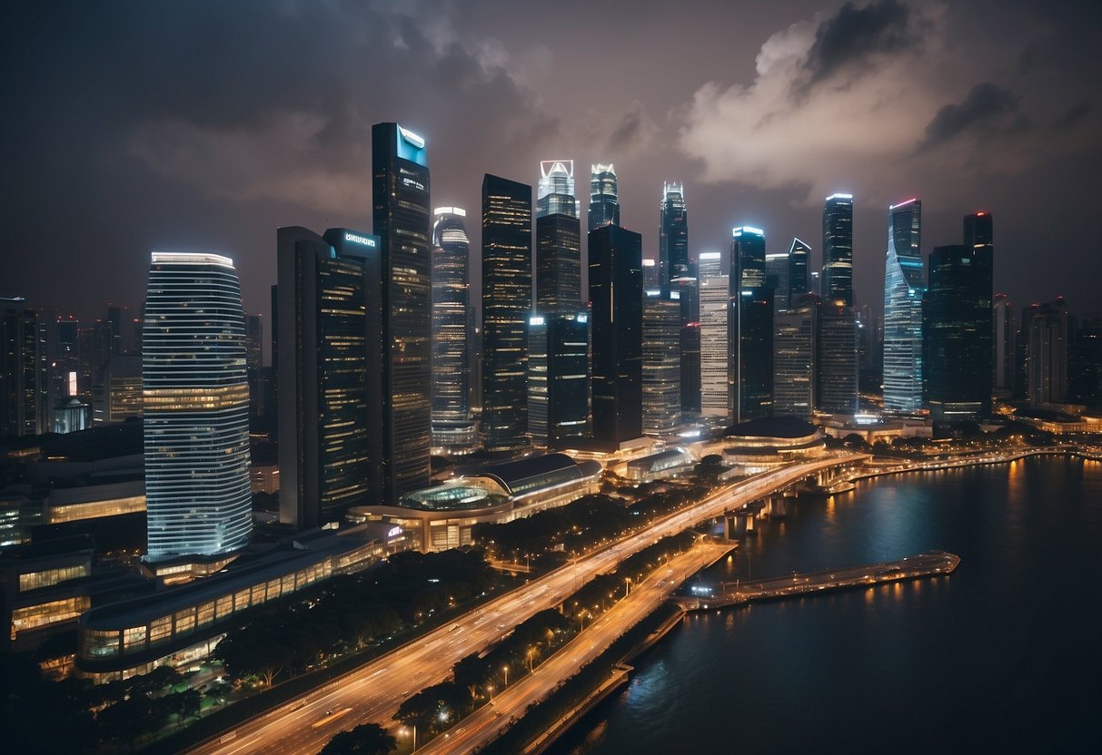A bustling cityscape with iconic skyscrapers and a vibrant street scene, showcasing the modern and dynamic energy of Singapore