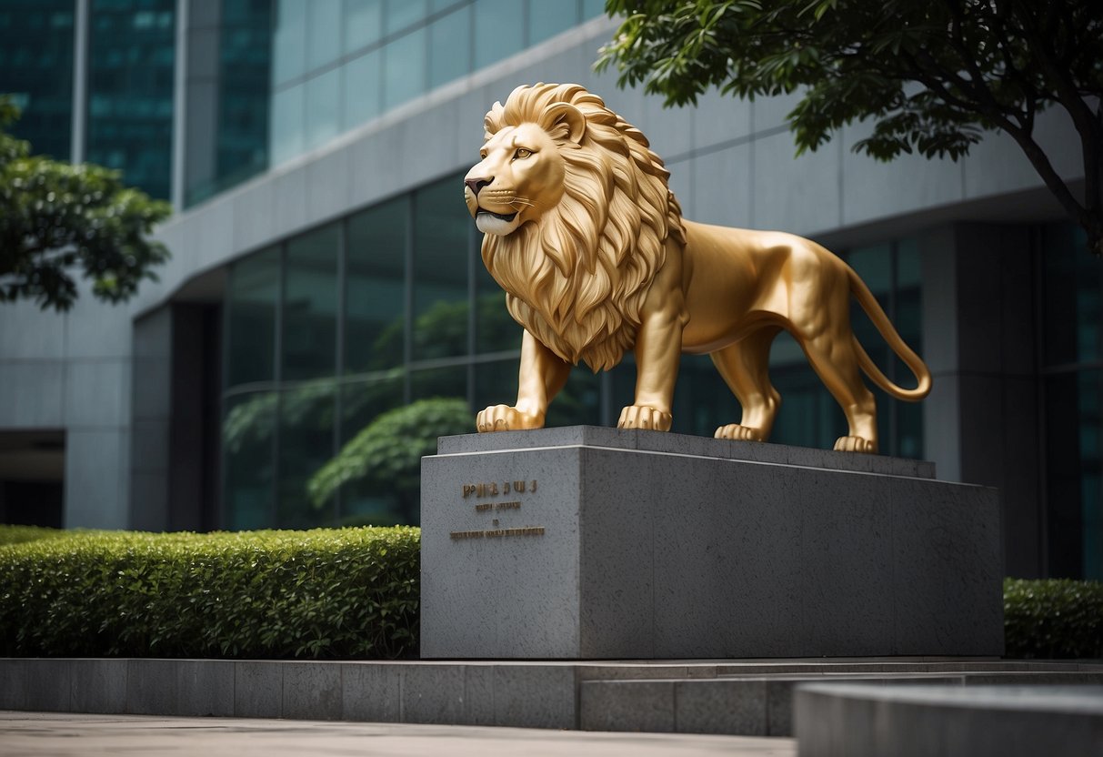 A stern-looking lion statue stands guard outside the CPIB Singapore building, symbolizing strength and integrity in the fight against corruption