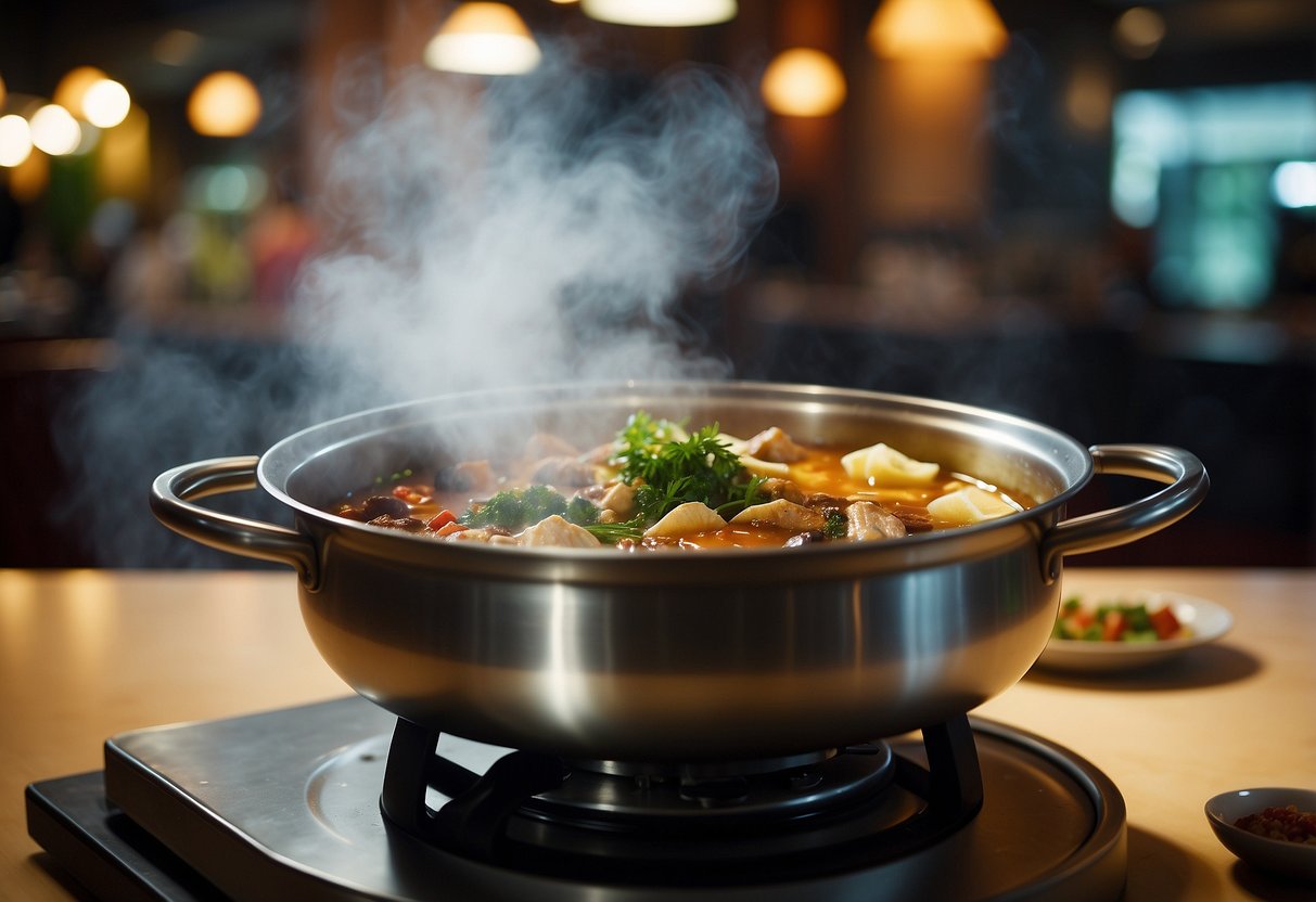A steaming hotpot filled with halal ingredients sizzles on a tabletop stove in a bustling Singaporean restaurant. Aromatic spices and herbs waft through the air, creating a mouthwatering scene