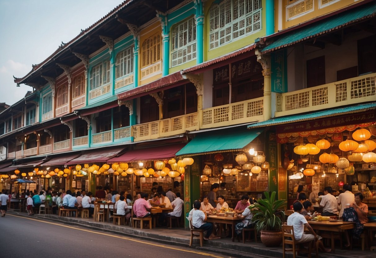 Colorful shophouses line the streets, showcasing Peranakan architecture. A bustling hawker center fills the air with the aroma of local cuisine. Traditional Chinese, Malay, and Indian temples stand side by side, reflecting the city's diverse heritage