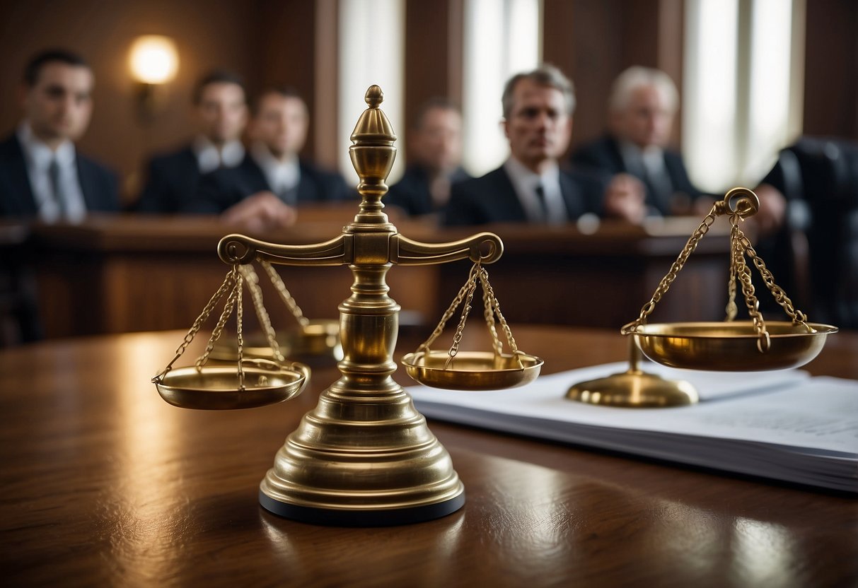 A courtroom with judges, lawyers, and reporters. A scale of justice and legal documents are prominent. The scene exudes authority and professionalism
