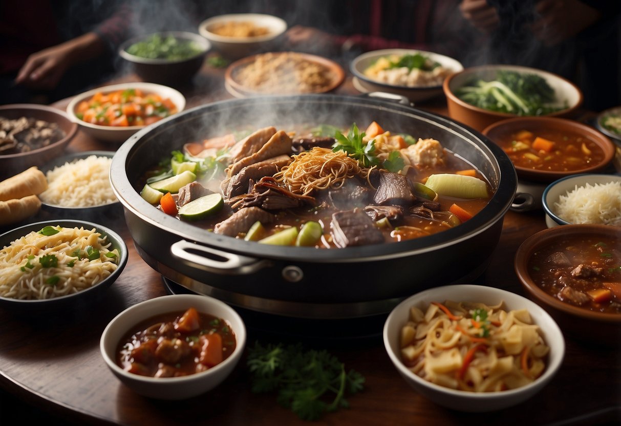 A table set with a steaming hotpot surrounded by a variety of fresh halal ingredients, with diners eagerly reaching for their choices