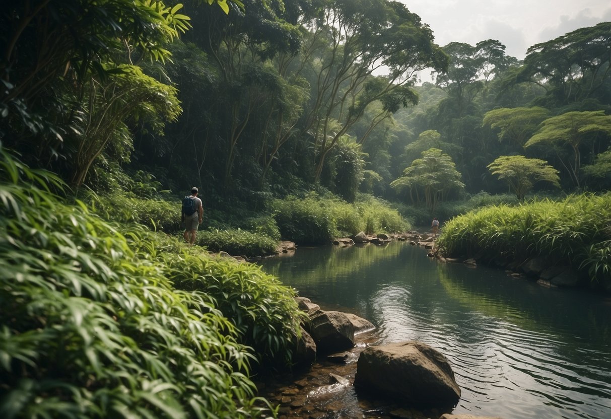 Lush greenery, sparkling water, and adventurous hikers exploring nature trails in Singapore's beautiful outdoor landscapes