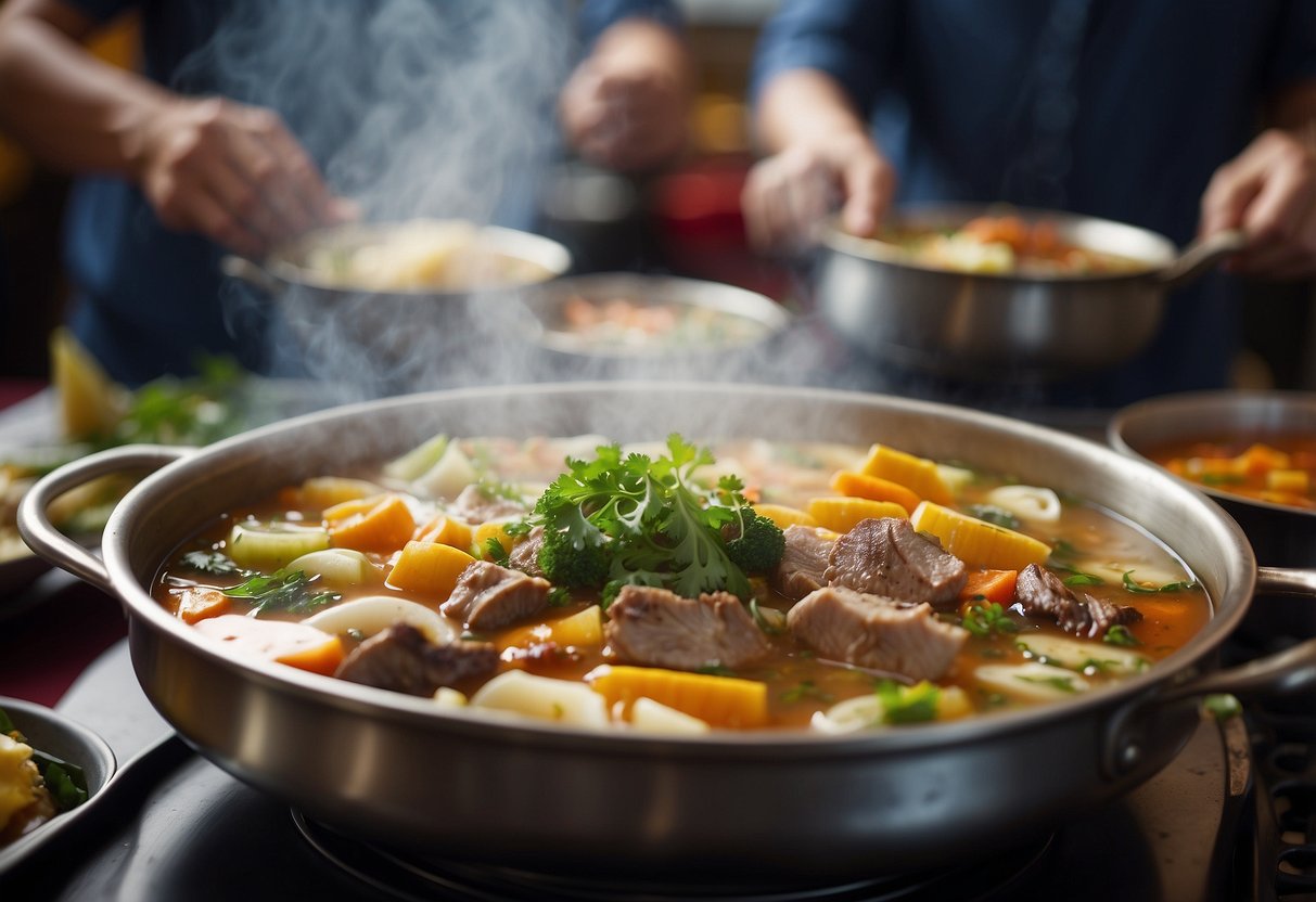 A bustling halal hotpot restaurant with steaming pots, vibrant decor, and satisfied diners enjoying the interactive dining experience
