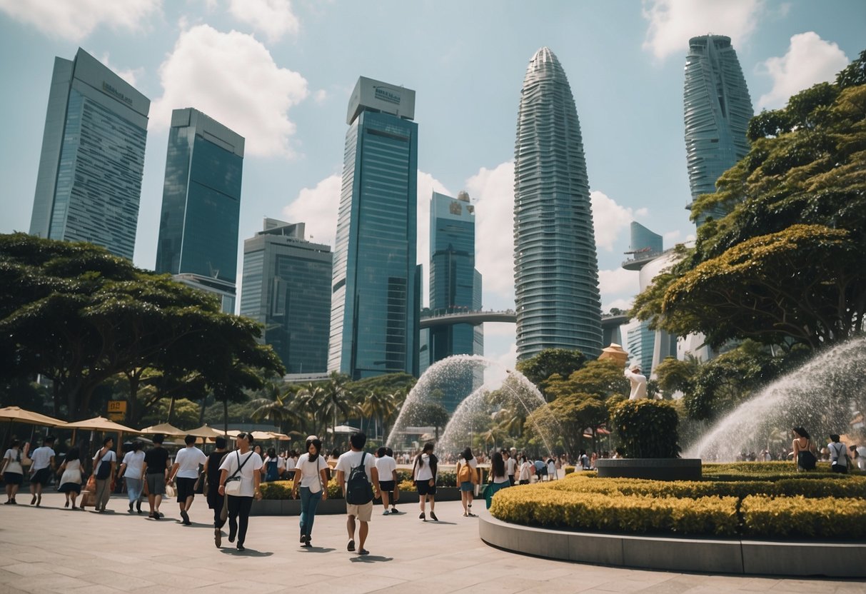 A bustling cityscape with iconic landmarks like the Merlion, Gardens by the Bay, and Marina Bay Sands. People enjoying free attractions like street performances, public art installations, and scenic waterfront views