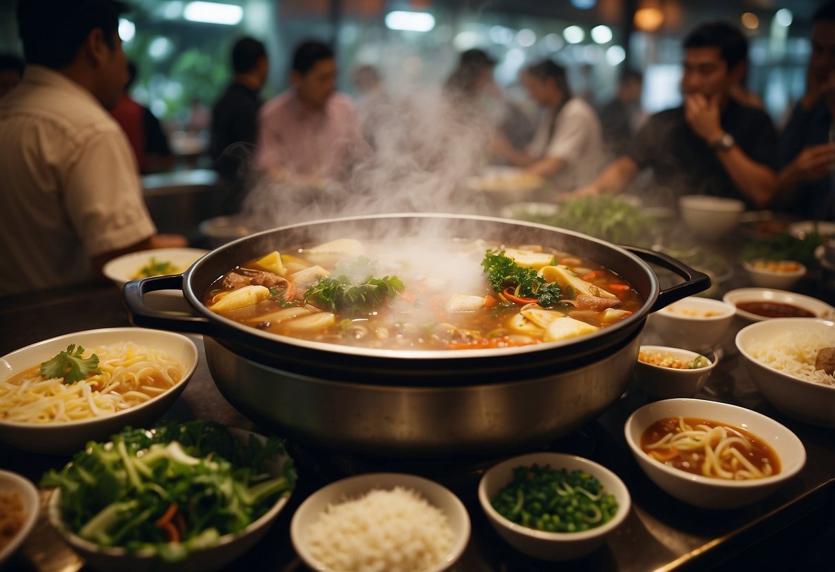 A steaming hotpot filled with halal ingredients, surrounded by eager diners at a bustling Singapore restaurant
