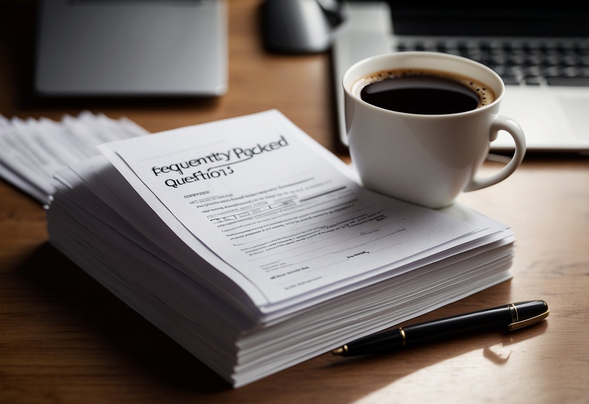 A stack of paper with "Frequently Asked Questions cpib singapore" printed on top, surrounded by a computer, pen, and a cup of coffee