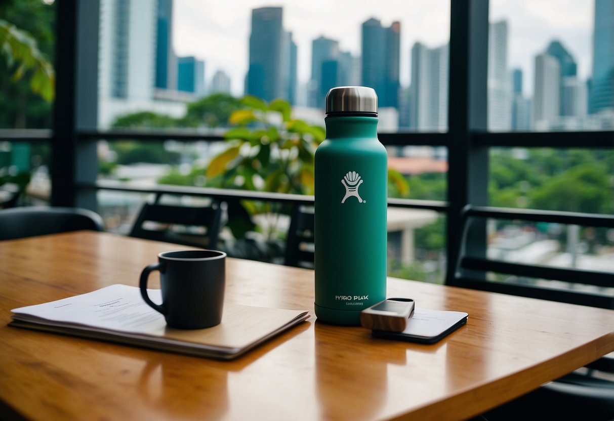 A Hydro Flask sits on a table in a bustling cafe in Singapore, surrounded by lush greenery and the city skyline in the background