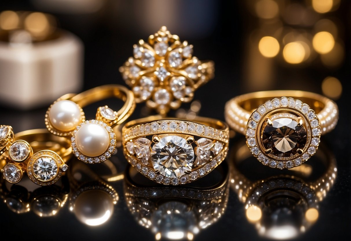 A sparkling display of luxurious jewelry in a sophisticated Singapore shop. Shimmering diamonds, lustrous pearls, and gleaming gold catch the light, creating an atmosphere of elegance and opulence