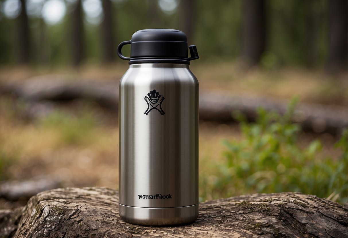 A hand holds a Hydro Flask, showcasing its durable stainless steel construction and double-wall vacuum insulation. The flask's wide mouth and leak-proof lid are also highlighted