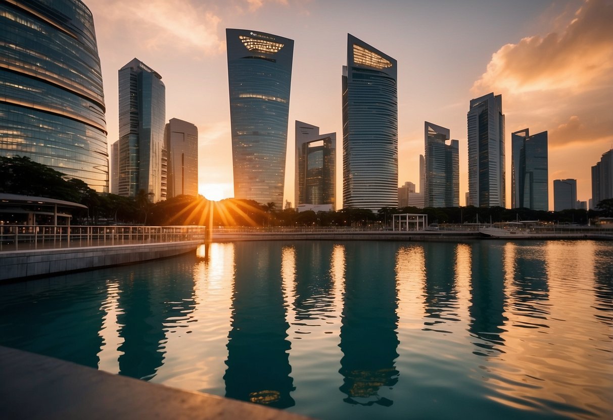 The sun sets behind Asia Square Tower 2, casting a warm glow over the marina in Singapore. The sleek, modern architecture of the building contrasts with the natural beauty of the water and sky