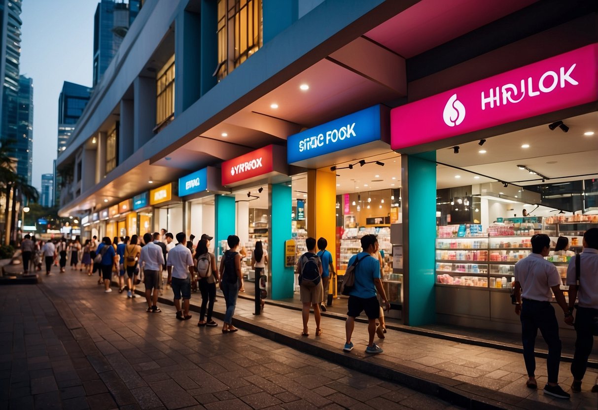 A bustling Singapore street with colorful storefronts, showcasing Hydro Flask products. People walk by, admiring the sleek, insulated bottles in various sizes and colors