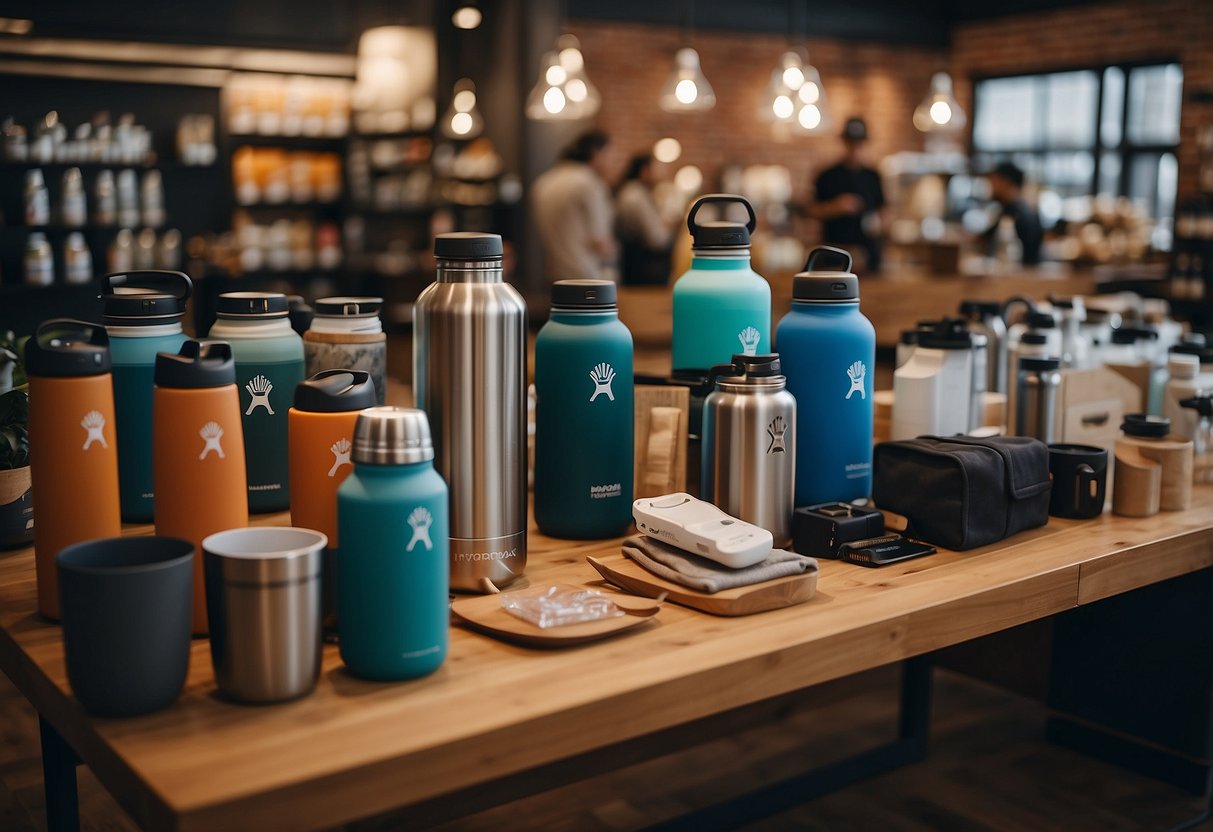 A table with various Hydro Flask products displayed, surrounded by customers asking questions to a store representative
