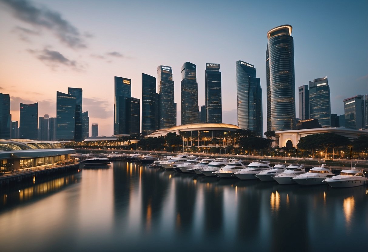 A bustling marina overlooks Asia Square Tower 2 in Singapore, with boats and skyscrapers in the background