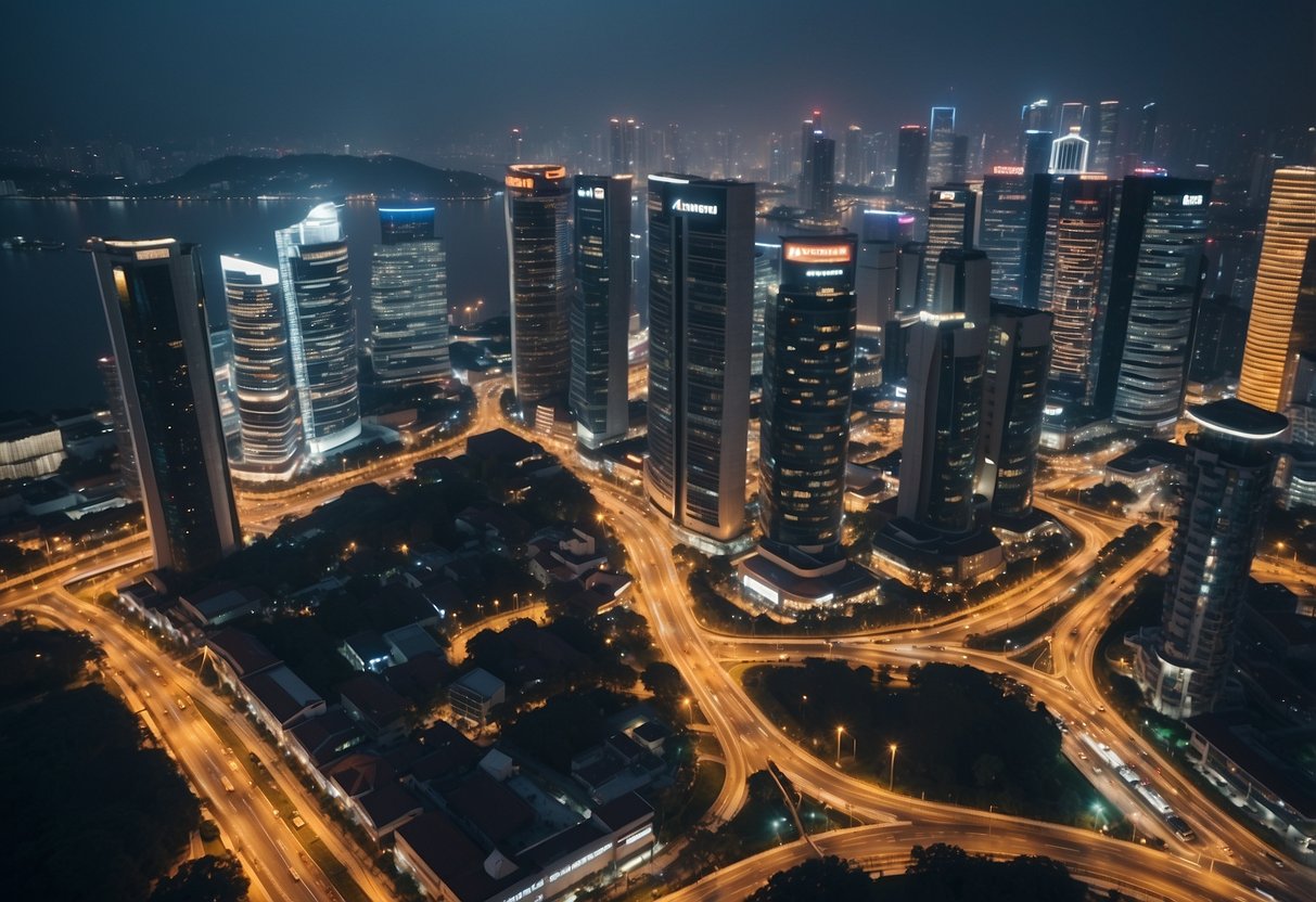 A bustling cityscape of Misumi Singapore with towering skyscrapers and a network of busy streets filled with cars and pedestrians
