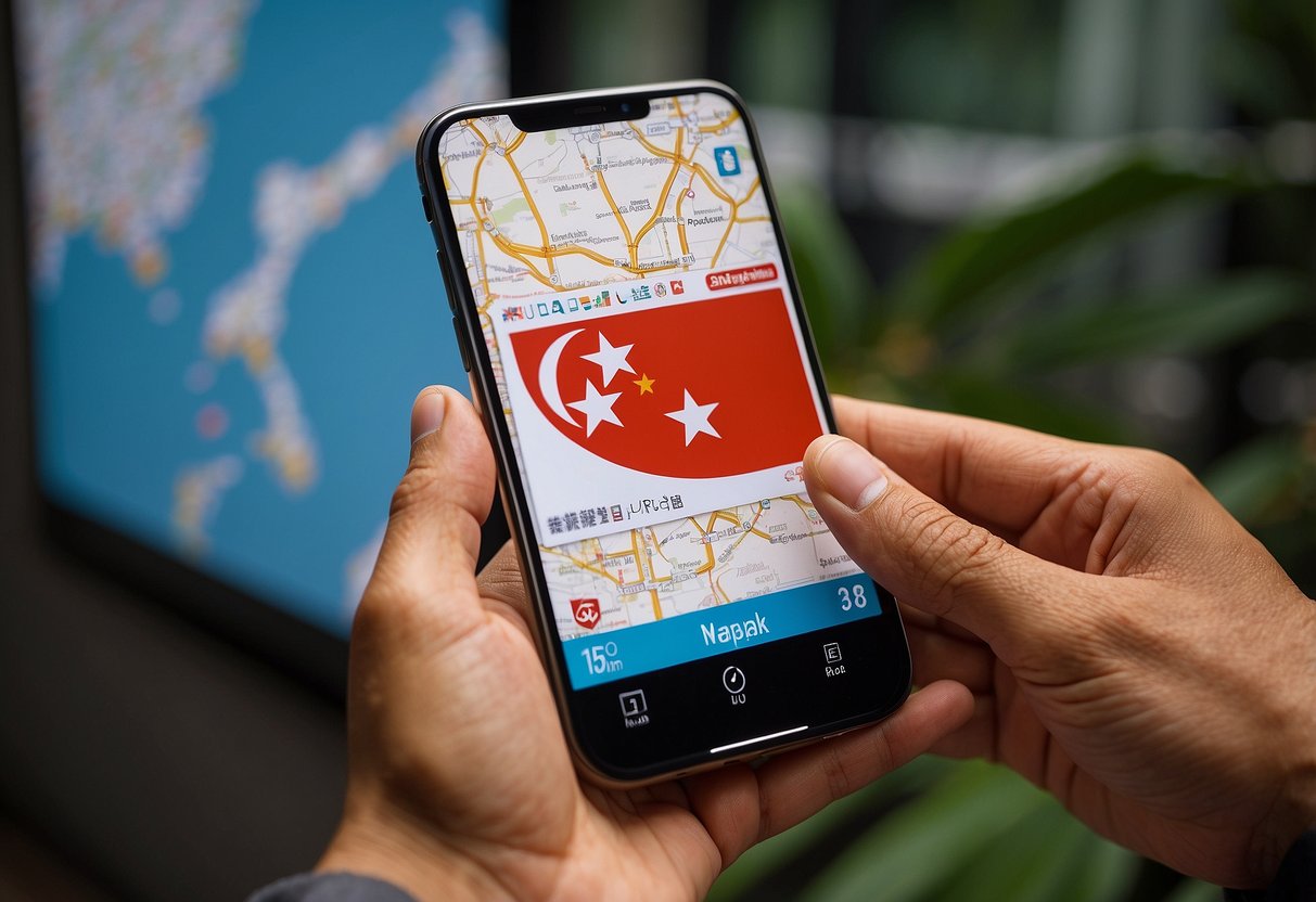 A hand holding a prepaid SIM card with a Singapore flag design, next to a smartphone and a map of Singapore