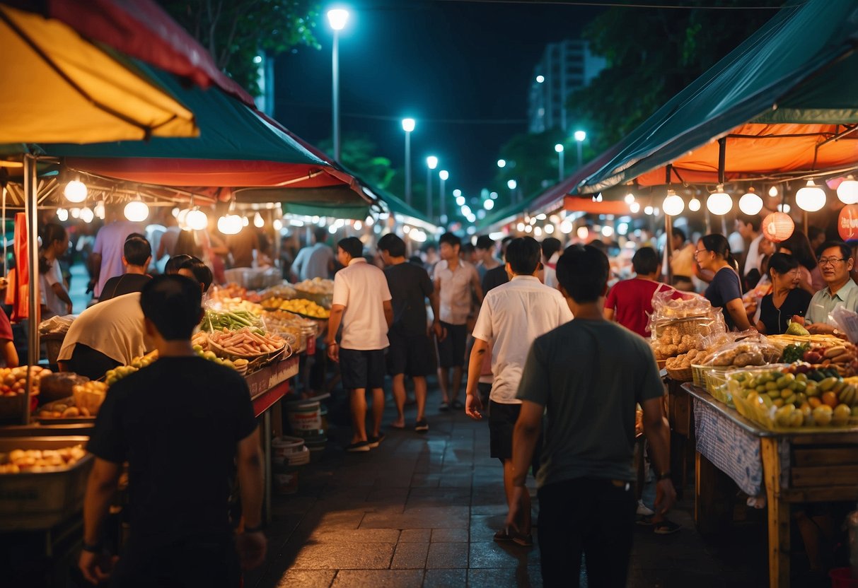 Colorful stalls line the bustling streets of the night market in Singapore, with bright lights illuminating the vibrant array of goods and food on display