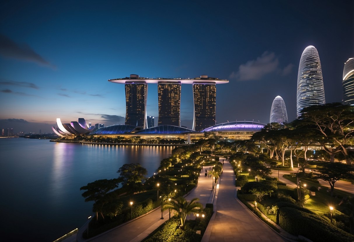 A bustling cityscape with iconic Singapore landmarks like the Marina Bay Sands, the Merlion, and the Gardens by the Bay. The skyline is dotted with modern skyscrapers and lush greenery