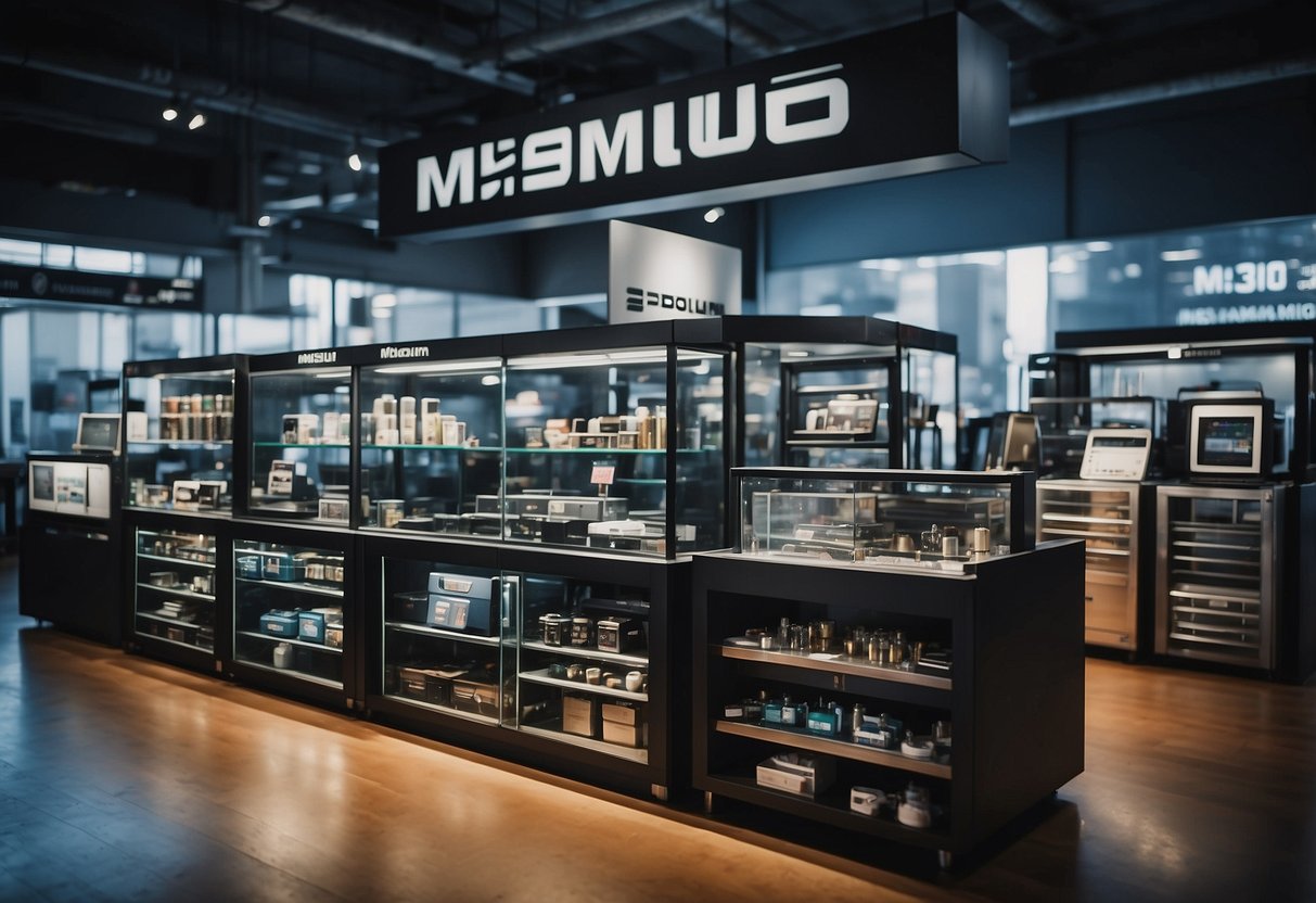 A display of various products and services offered by Misumi Singapore, including industrial components and machinery parts