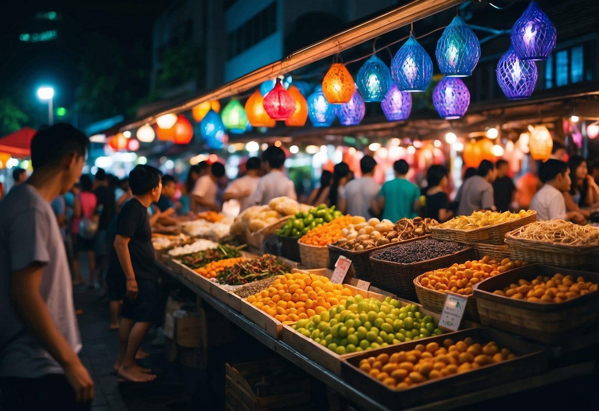 Vibrant stalls, filled with colorful goods, line the bustling streets of a Singapore night market. The air is filled with enticing aromas as visitors weave through the lively atmosphere