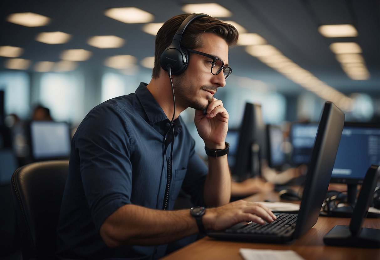 A customer support representative provides ordering information to a client over the phone