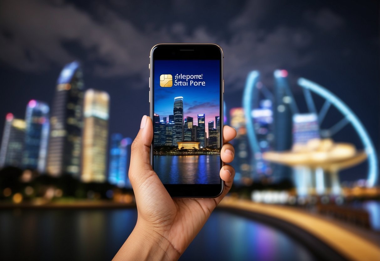 A hand holds a prepaid SIM card in front of a Singapore skyline, with a smartphone nearby