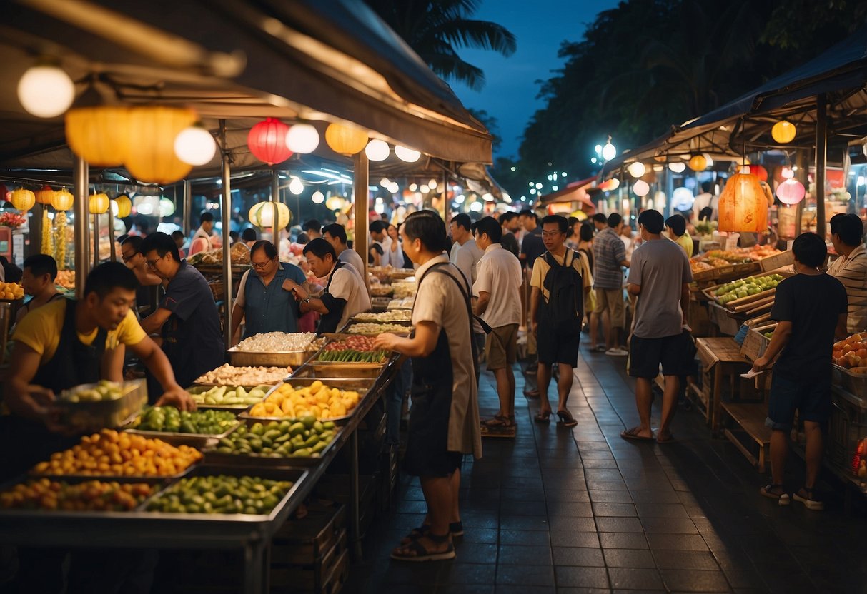 The bustling night market in Singapore features colorful stalls, aromatic street food, and a lively atmosphere. Bright lights illuminate the scene as visitors browse through the array of goods on display