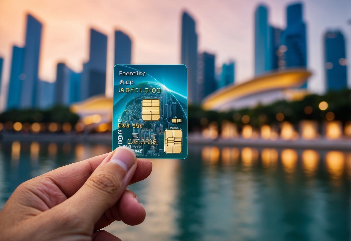 A hand holding a prepaid SIM card with "Frequently Asked Questions" text and Singapore landmarks in the background
