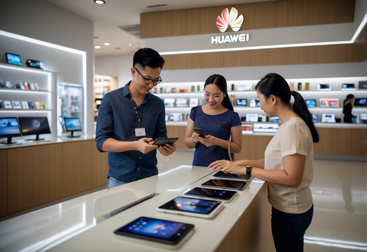 Customers browsing Huawei products in a modern, well-lit shop in Singapore. Shelves are stocked with smartphones, tablets, and accessories. A helpful staff member assists a customer with a purchase