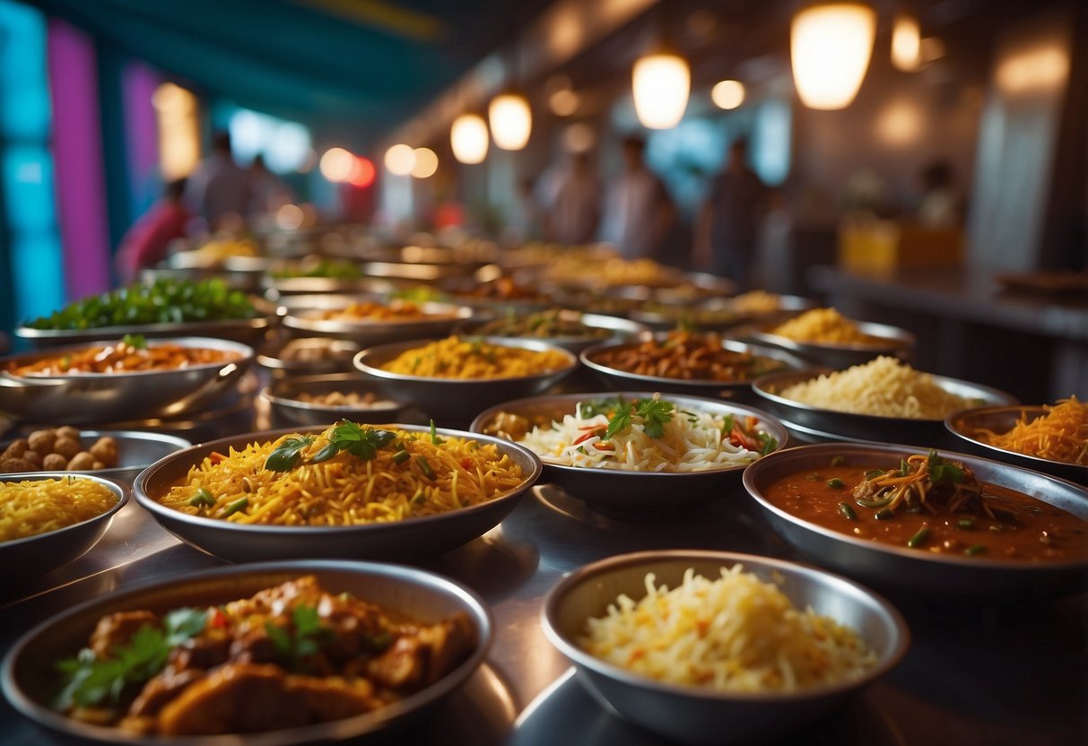 A colorful array of Indian dishes fills a long buffet table in a bustling Singapore restaurant. Rich aromas of spices and sizzling meats waft through the air