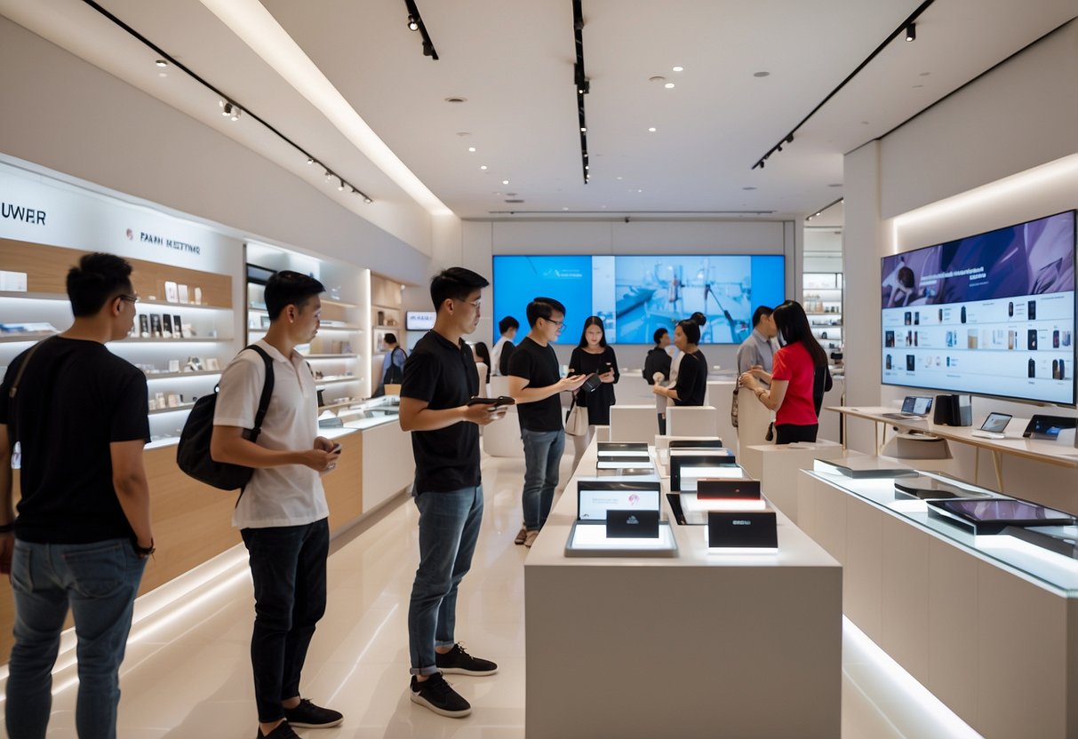 Customers browsing through sleek, modern Huawei devices in a spacious, well-lit Singaporean store. Displays showcase the latest technology, creating an immersive shopping experience
