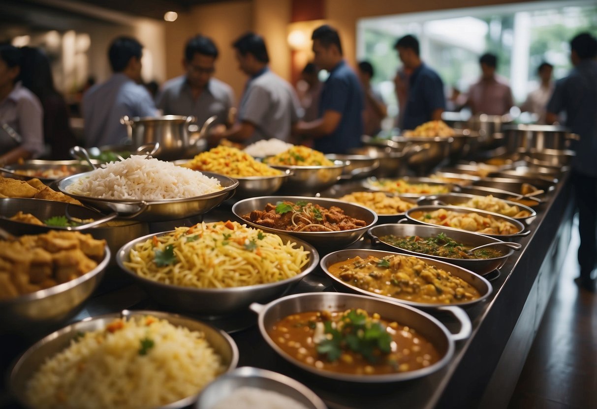 Customers enjoying a variety of Indian dishes at a bustling buffet restaurant in Singapore. Rich aromas fill the air as people fill their plates with colorful and flavorful cuisine