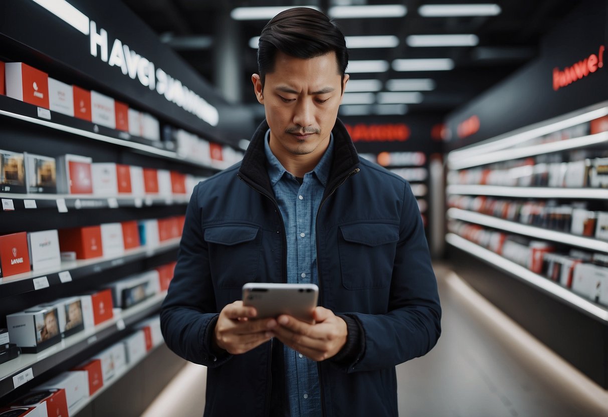 Customers browsing through shelves of Huawei products, a sales representative answering questions, and a prominent "Frequently Asked Questions" sign