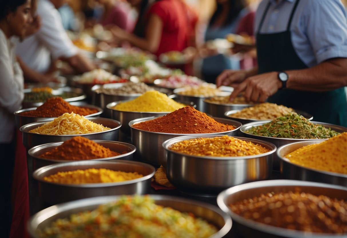 Guests selecting from a variety of colorful and aromatic dishes at an Indian buffet spread, with vibrant spices and condiments on display