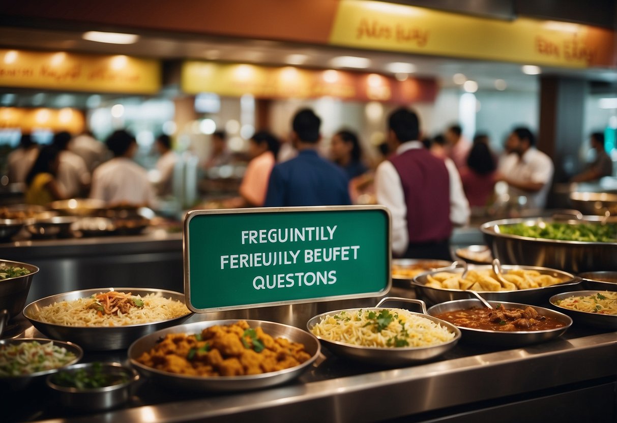 A bustling Indian buffet in Singapore, with colorful dishes neatly arranged on the counter, customers lining up, and a sign reading "Frequently Asked Questions."