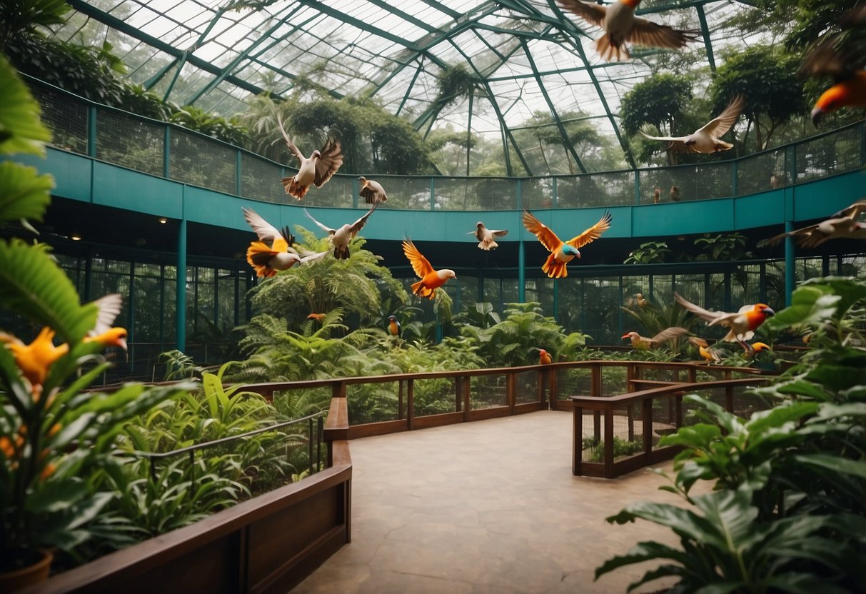 Colorful birds flying in lush green aviaries, visitors marveling at exotic species, and the sound of chirping and fluttering filling the air at Jurong Bird Park