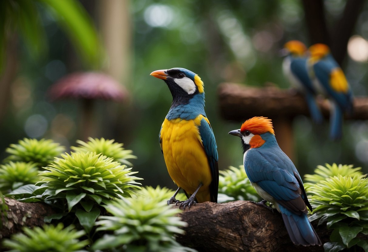 Colorful birds flock around lush greenery at Jurong Bird Park, Singapore. A sign reads "Visitor Information" in bold letters
