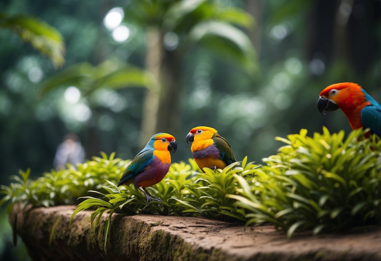 Colorful birds fly and perch in lush, tropical surroundings at Jurong Bird Park, Singapore. Tourists watch and take photos