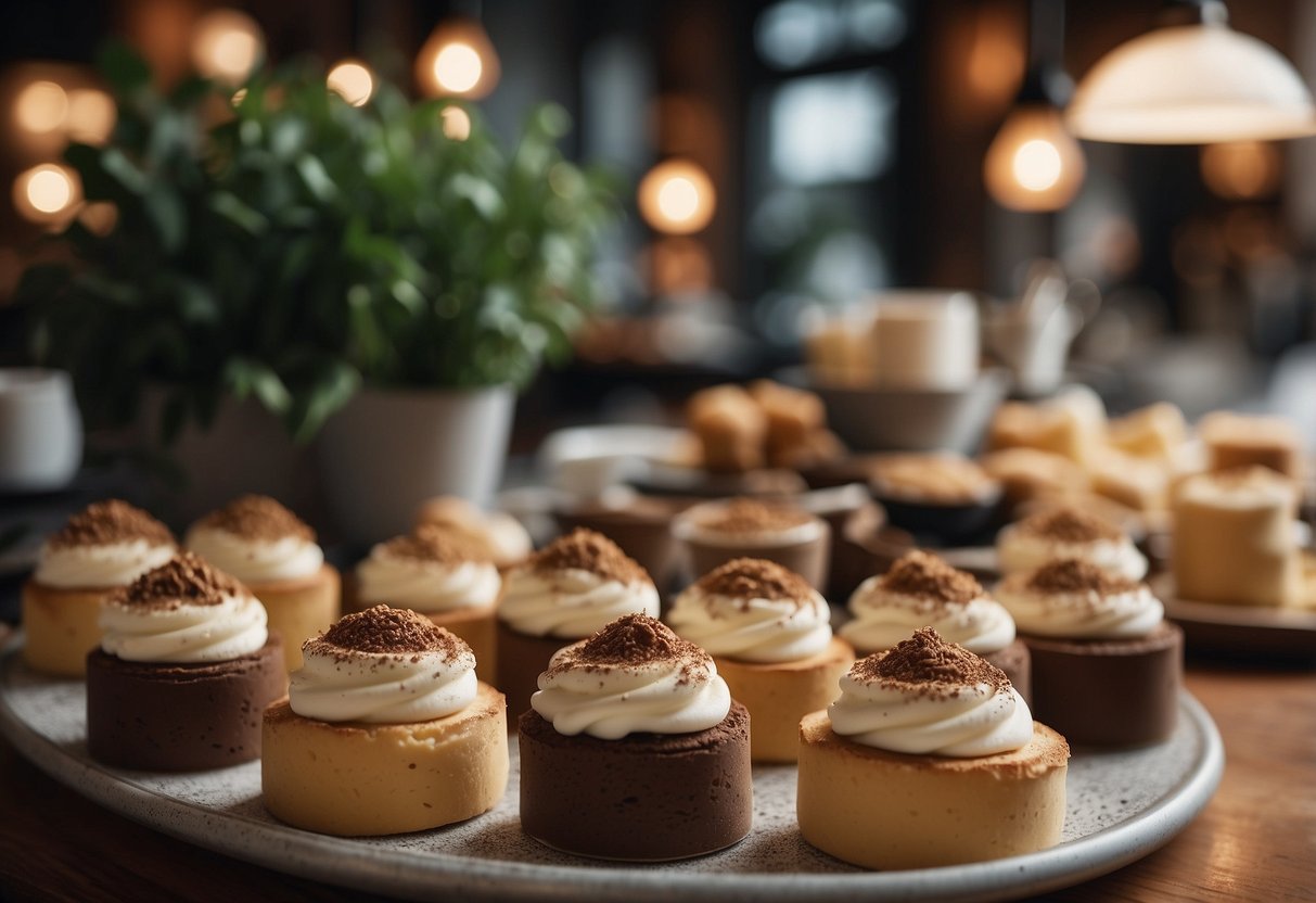 A cozy cafe with elegant decor, displaying a variety of tiramisu desserts and a bustling kitchen with chefs at work