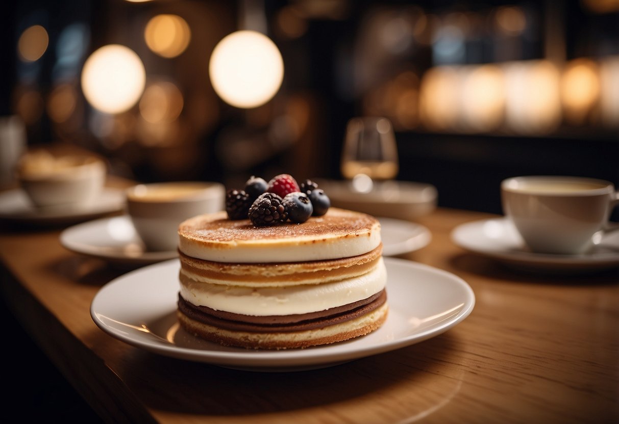 Customers sampling tiramisu flavors in a cozy, modern cafe with warm lighting and a display of elegant dessert creations