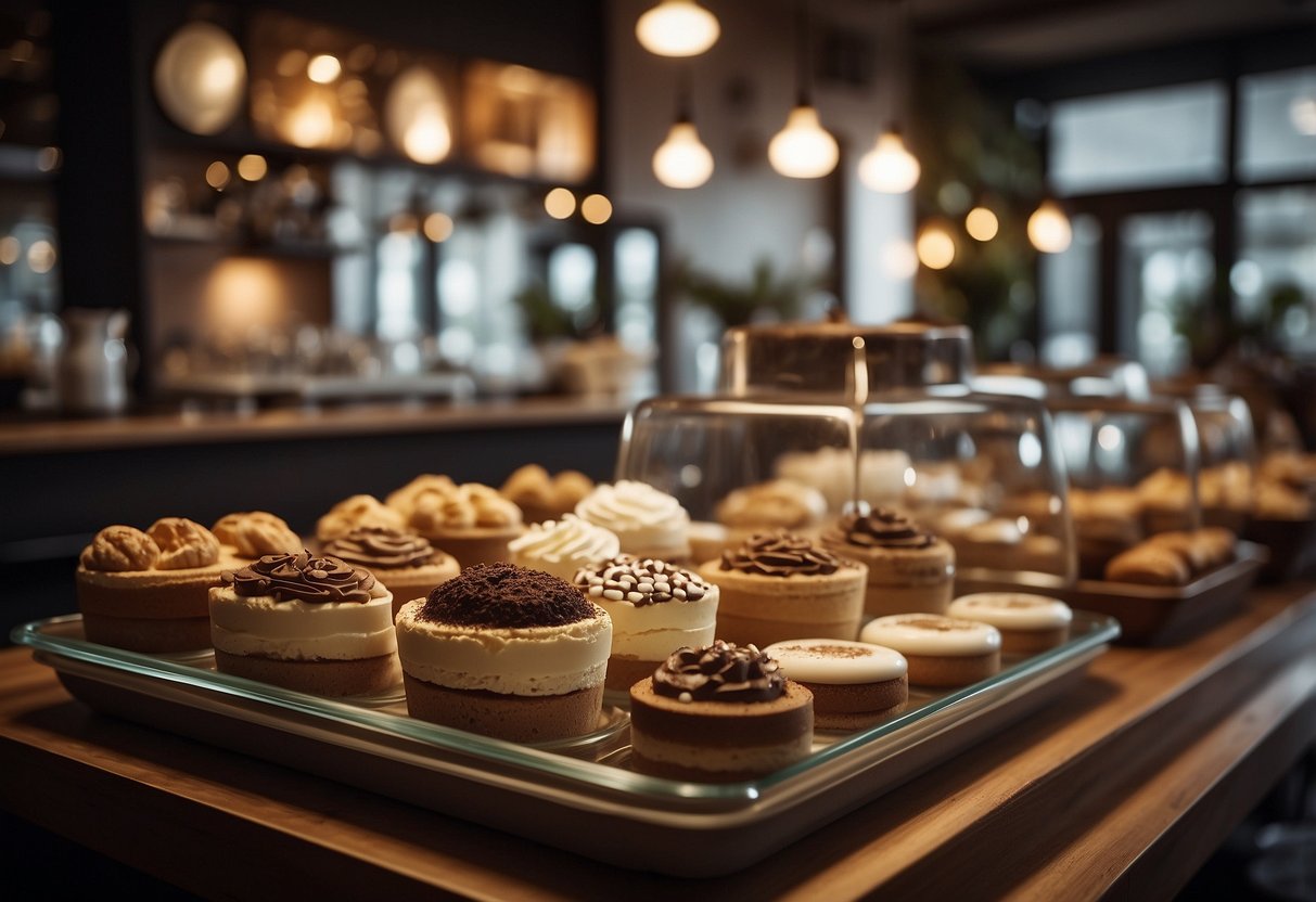 A cozy cafe with modern decor and a display of various tiramisu flavors. Customers chat and enjoy their desserts