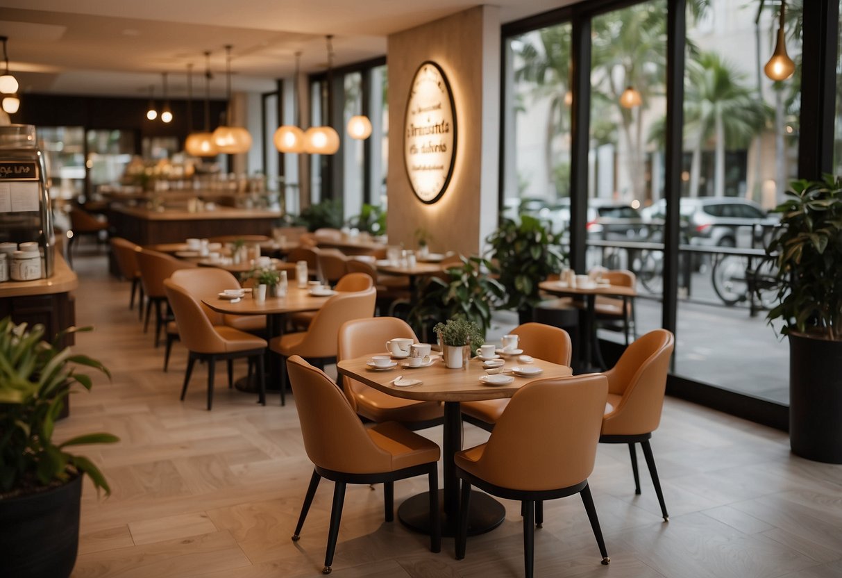 A cozy cafe with a sign "Frequently Asked Questions l atelier tiramisu singapore" surrounded by tables and chairs, with a display of delicious tiramisu desserts